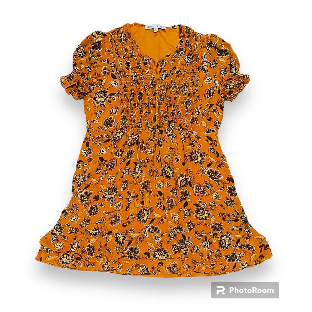 Allison & Kelly Rust Floral Junior Dress Size L Ruffled Skirt Shirred Bodice